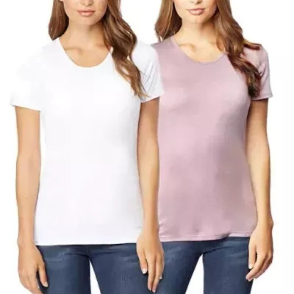 32 DEGREES Cool Women's 2PK Scoop Neck Short Sleeve Tee Shirt M White/HT.Blush